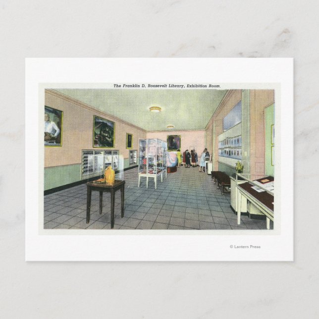 Cartão Postal Visão interior da biblioteca FDR, exposição (Frente)