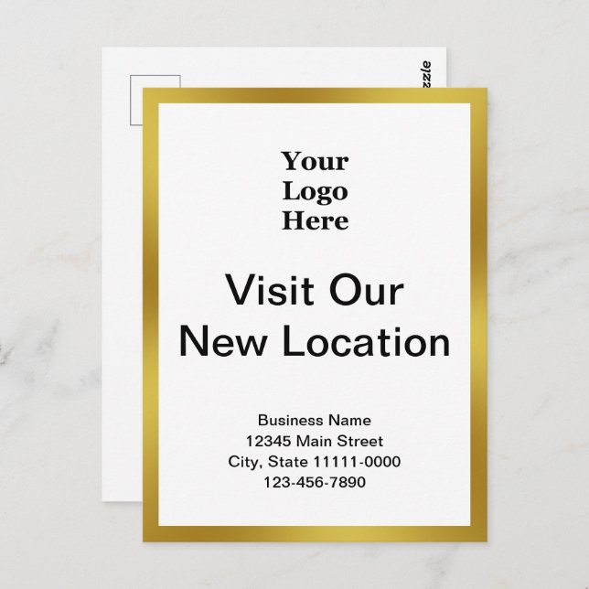 Cartão Postal Visit Our New Location Gold White Business Logo (Frente/Verso)