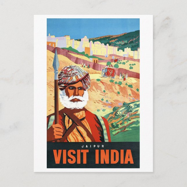Cartão Postal Visite a Índia, Jaipur, o homem na guarda. (Frente)