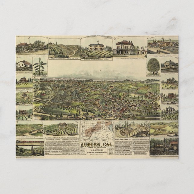 Cartão Postal Vista aérea de Auburn, Califórnia (1887) (Frente)