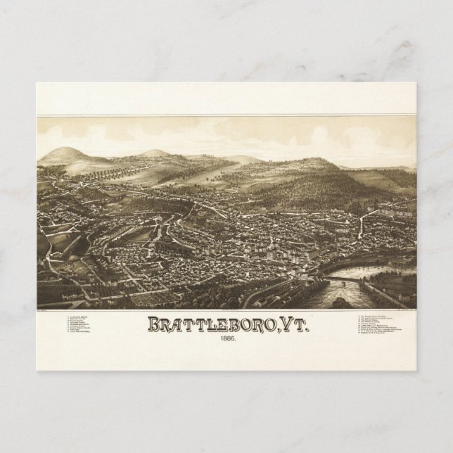 Cartão Postal Vista aérea de Brattleboro, Vermont (1886) (Frente)