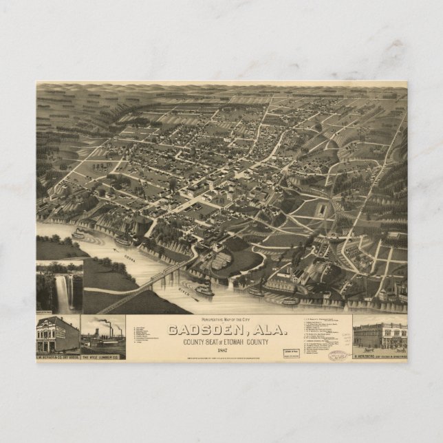 Cartão Postal Vista Aérea de Gadsden, Alabama (1887) (Frente)