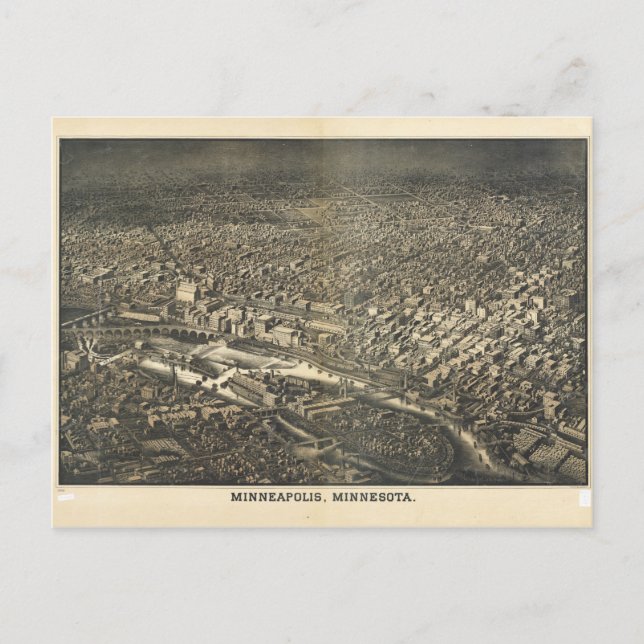 Cartão Postal Vista aérea de Minneapolis, Minnesota (1885) (Frente)