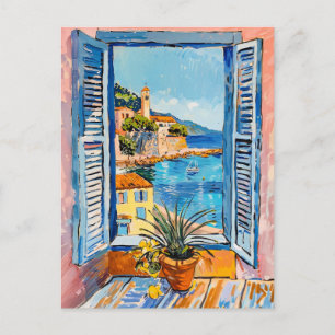 Cartão Postal Vista Costeira Mediterrânea Através de Janela Aber