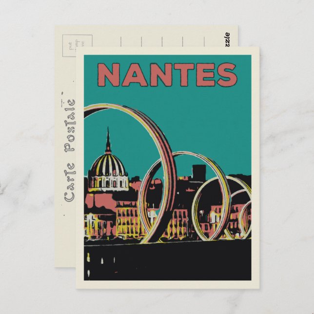 Cartão Postal Vista da cidade de Nantes à noite (Frente/Verso)