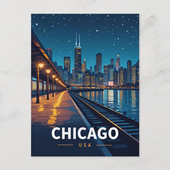 Cartão Postal Vista da paisagem noturna de Chicago sob as estrel (Frente)