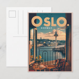 Cartão Postal Vista da varanda de Oslo Noruega vintage e present
