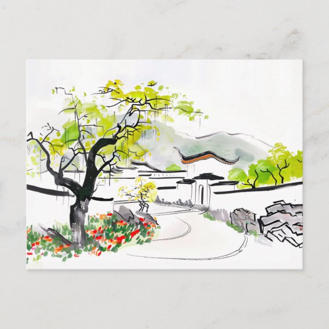 Cartão Postal Vista da Vila Chinesa com o Templo Tradicional (Frente)