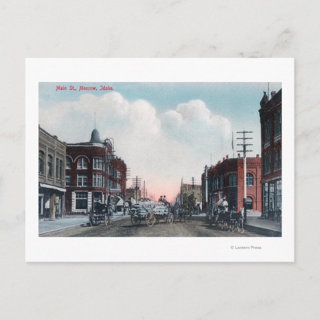 Cartão Postal Vista das Carruagems da rua principal e dos cavalo (Frente)