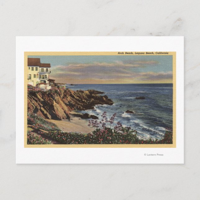 Cartão Postal Vista de Arch Beach com Flores (Frente)