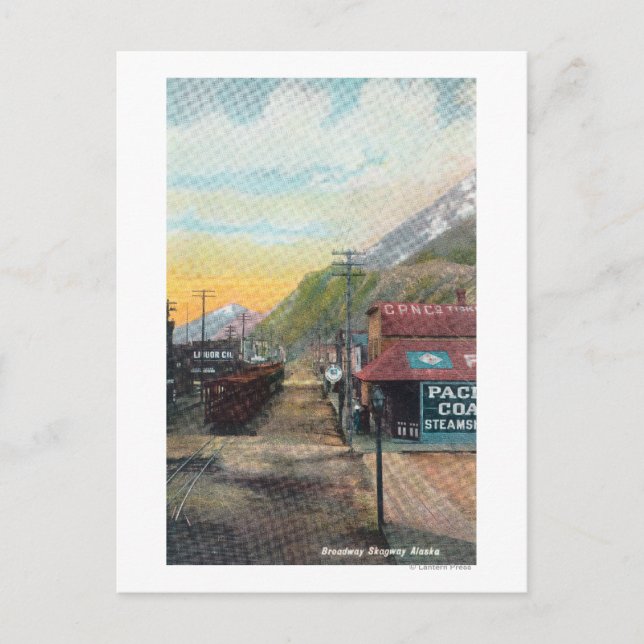 Cartão Postal Vista de Automóveis de Broadway e RailroadSkagway, (Frente)