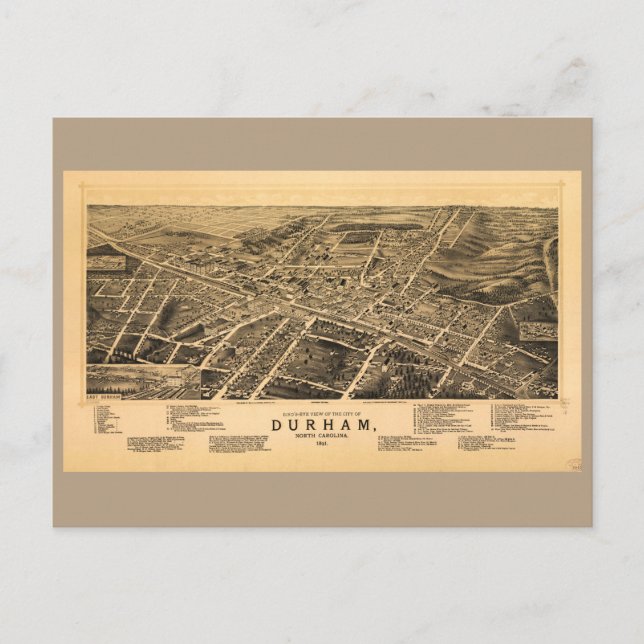 Cartão Postal Vista de Bird de Durham, Carolina do Norte (1891) (Frente)