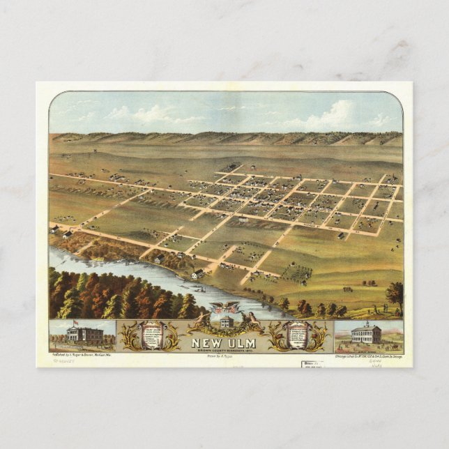 Cartão Postal Vista de Bird de New Ulm, Minnesota (1870) (Frente)