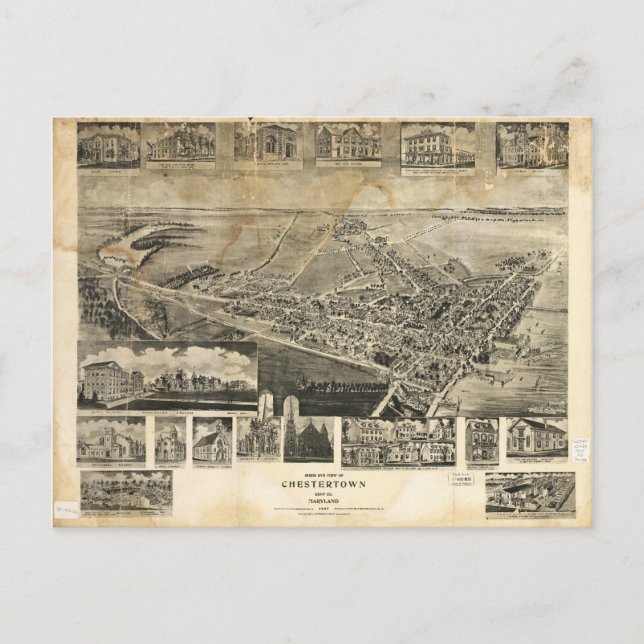 Cartão Postal Vista de Olhos de Bird, em Chestertown, Maryland ( (Frente)