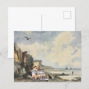 Cartão Postal Vista de praia de belas paisagens de aquarelas
