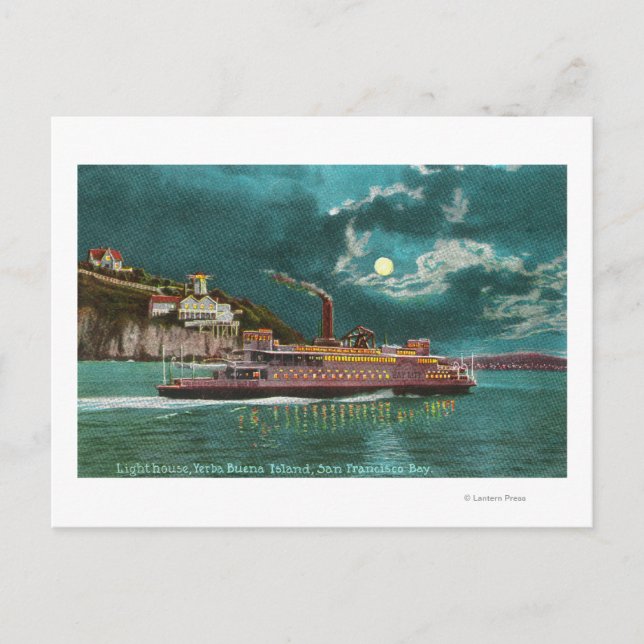 Cartão Postal Vista do Farol da Ilha de Yerba Buena à Noite (Frente)