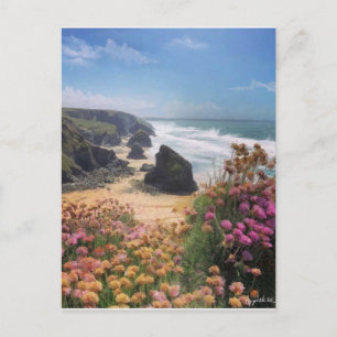 Cartão Postal Vista do topo da falésia da praia com flores,