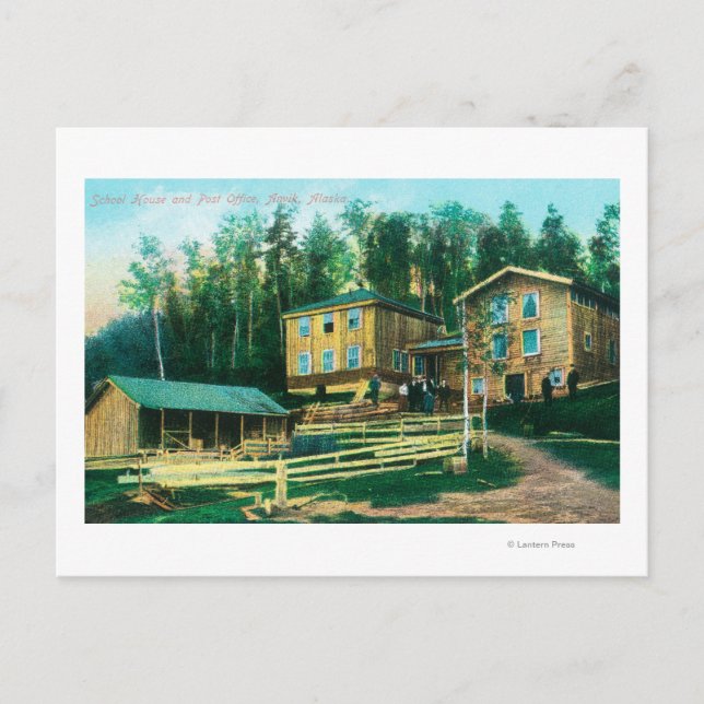 Cartão Postal Vista Exterior da Escola e Escritório de Posto (Frente)