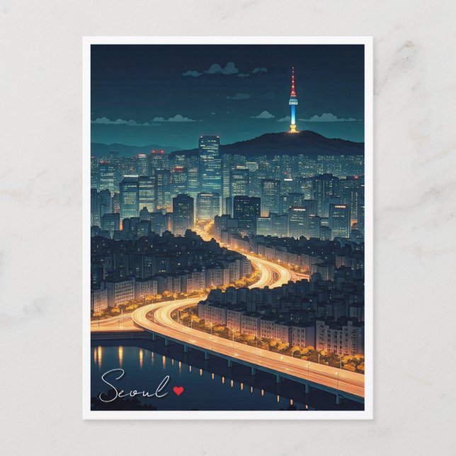 Cartão Postal Vista Noturna de Seul Coreia do Sul (Frente)