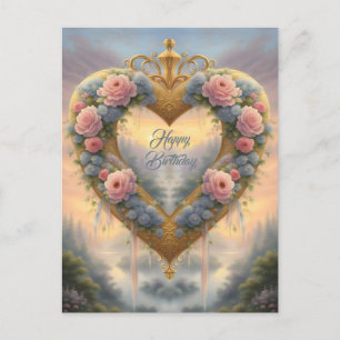 Cartão Postal Vitoriano, coração dourado com flores e dizeres
