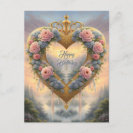 Cartão Postal Vitoriano, coração ouro com flores e dizendo