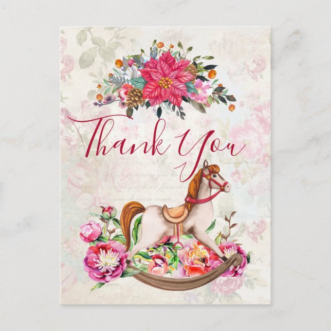 Cartão Postal Vitoriano Rocking Horse Natal Obrigado (Frente)