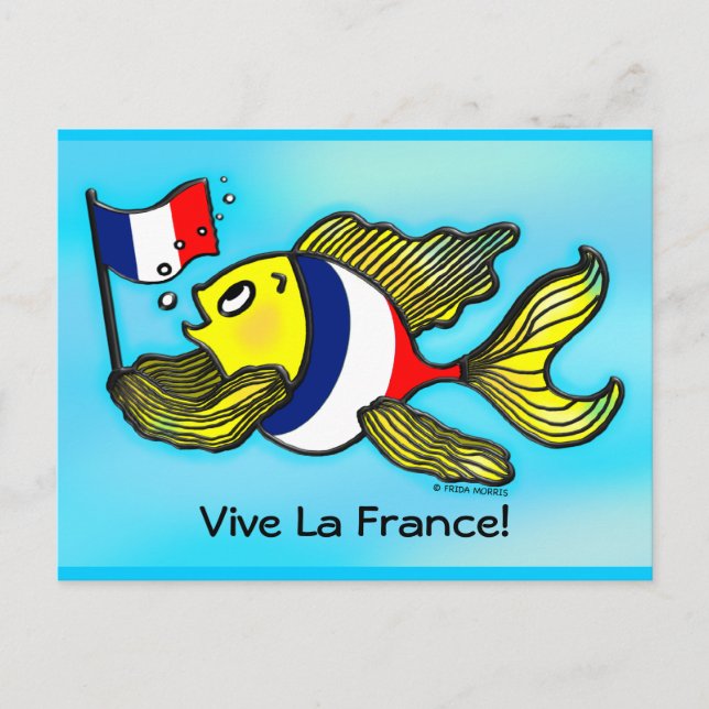 Cartão Postal VIVE LA FRANCE Bandeira francesa Fish desenho engr (Frente)