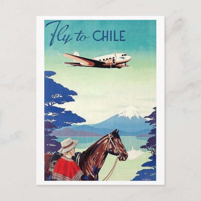 Cartão Postal Voar para o Chile, homem com cavalo, companhia aér (Frente)