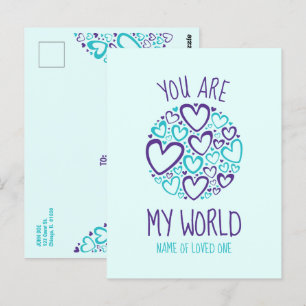 Cartão Postal Você É Meu Mundo Corações Azuis Roxos para o Ente 