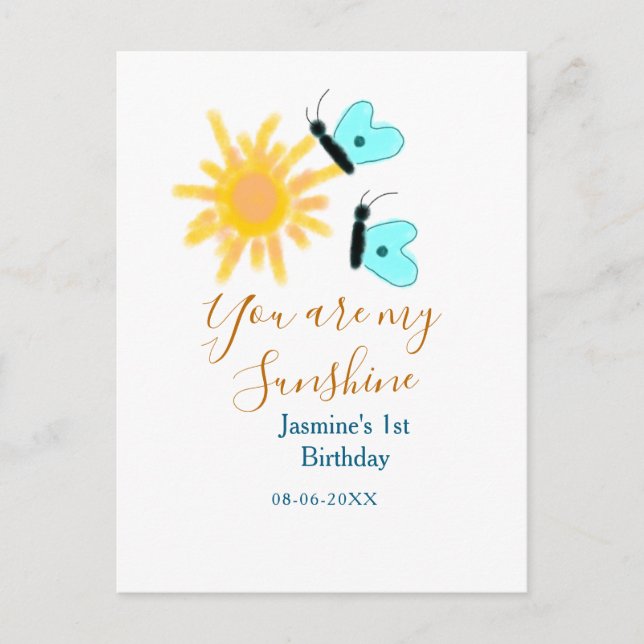 Cartão Postal Você é meu sol amarelo laranja sol azul borboleta (Frente)