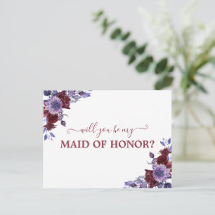 Cartão Postal Você Será Minha Dama de Honra Menina Roxo Floral