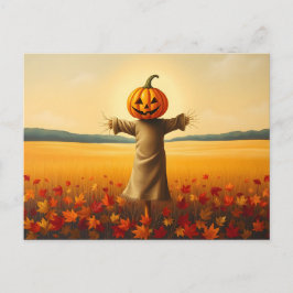 Cartão Postal Vogelscheuche mit Kürbiskopf im Herbst Laub
