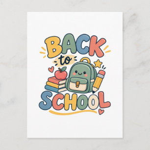 Cartão Postal Voltar às Compras Escolares Fofas e Kawaii
