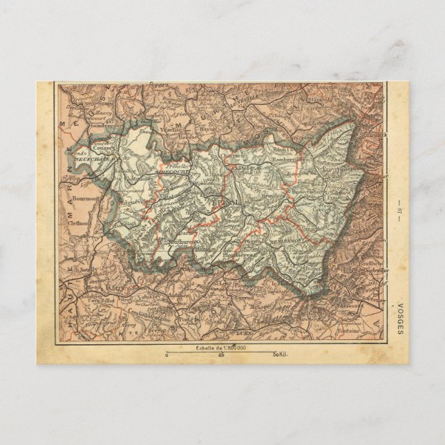 Cartão Postal Vosges, 1890 mapa provincial francês (Frente)
