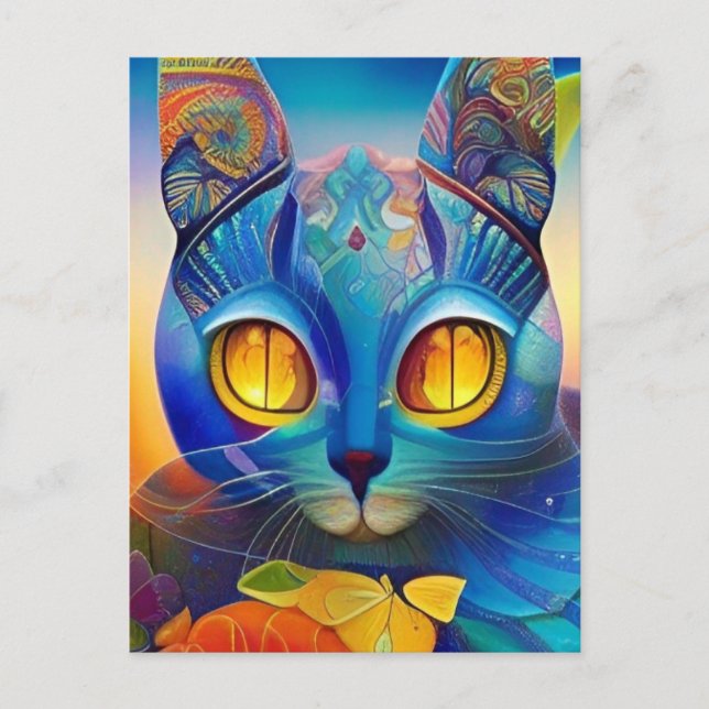 Cartão Postal Vozes de gatinho abstrato azul-mosaico de gato (Frente)
