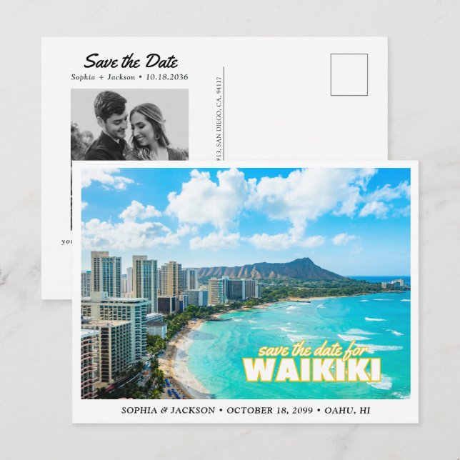 Cartão Postal Waikiki Wedding Save the Date Skyline Postcard (Frente/Verso)