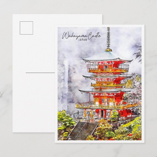 Cartão Postal Wakayama Castle Japão - viagens vintage aquática (Frente/Verso)