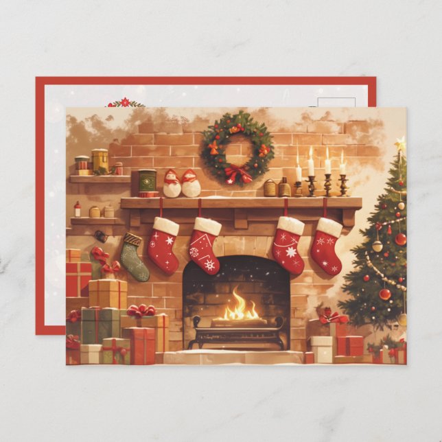 Cartão Postal Warm Christmas Fireplace Scene (Frente/Verso)