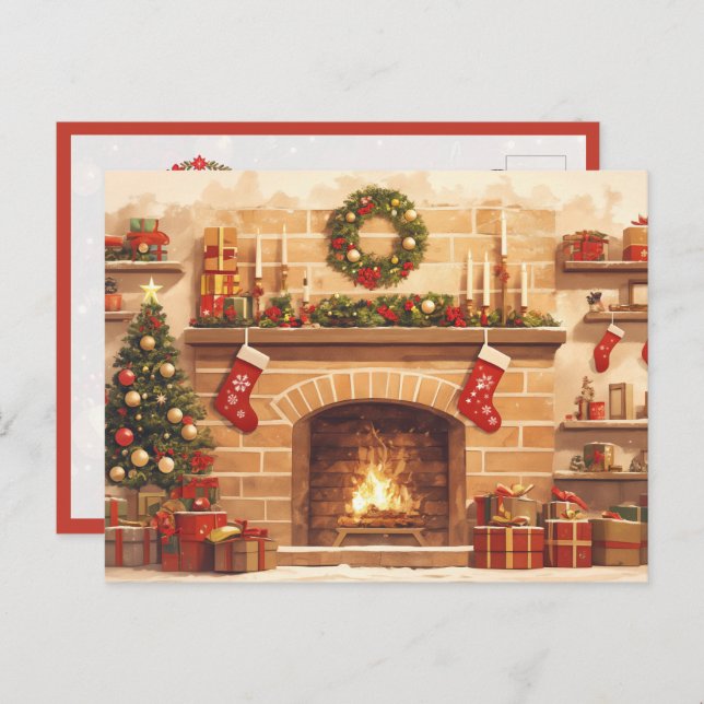 Cartão Postal Warm Christmas Fireplace Scene (Frente/Verso)