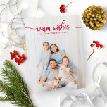 Cartão Postal Warm Wish Red Script - Natal Único<br><div class="desc">Um simples cartão de Natal de caligrafia,  fácil de personalizar com sua foto,  a caligrafia vermelha é perfeita para fotos brancas horizontais.</div>