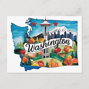 Cartão Postal Washington EUA Estado em forma de aquarela vintage