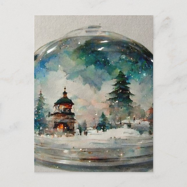 Cartão Postal Waterclor Snowglobe no Natal (Frente)