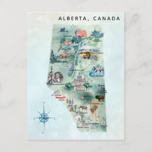 Cartão Postal Watercolor Alberta Canada Illustrated Map Art