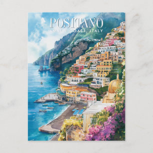 Cartão Postal Watercolor Art Positano Amalfi Coast Itália Viagem