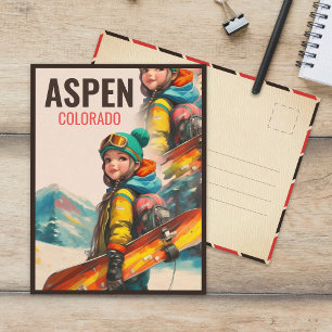 Cartão Postal Watercolor Aspen Colorado Mountain Vintage Girl