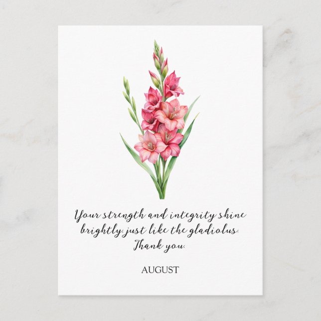 CARTÃO POSTAL WATERCOLOR AUGUST GLADIOLUS BIRTH FLOWER (Frente)