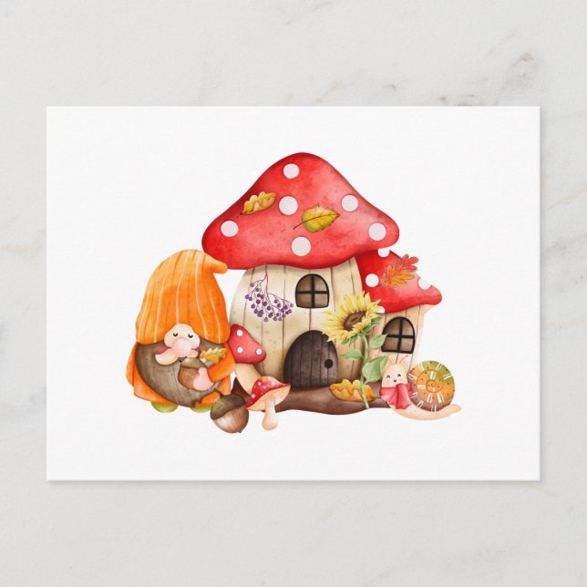 Cartão Postal Watercolor Autumn Gnome e Mushroom House (Frente)