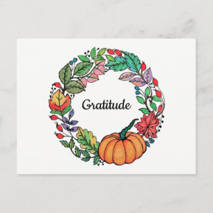 Cartão Postal Watercolor Belo Pumpkin Wreath com folhas
