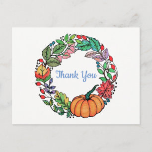 Cartão Postal Watercolor Belo Pumpkin Wreath com folhas