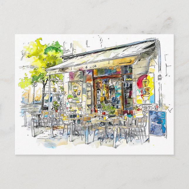 Cartão Postal Watercolor Berlin Prenzlauer Berg Street Cafe (Frente)